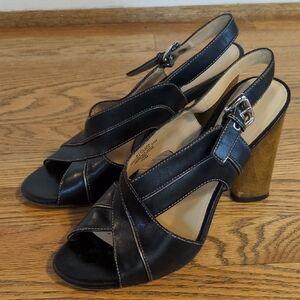 Black and Gold Chunky Heels with Cross-Strap Design